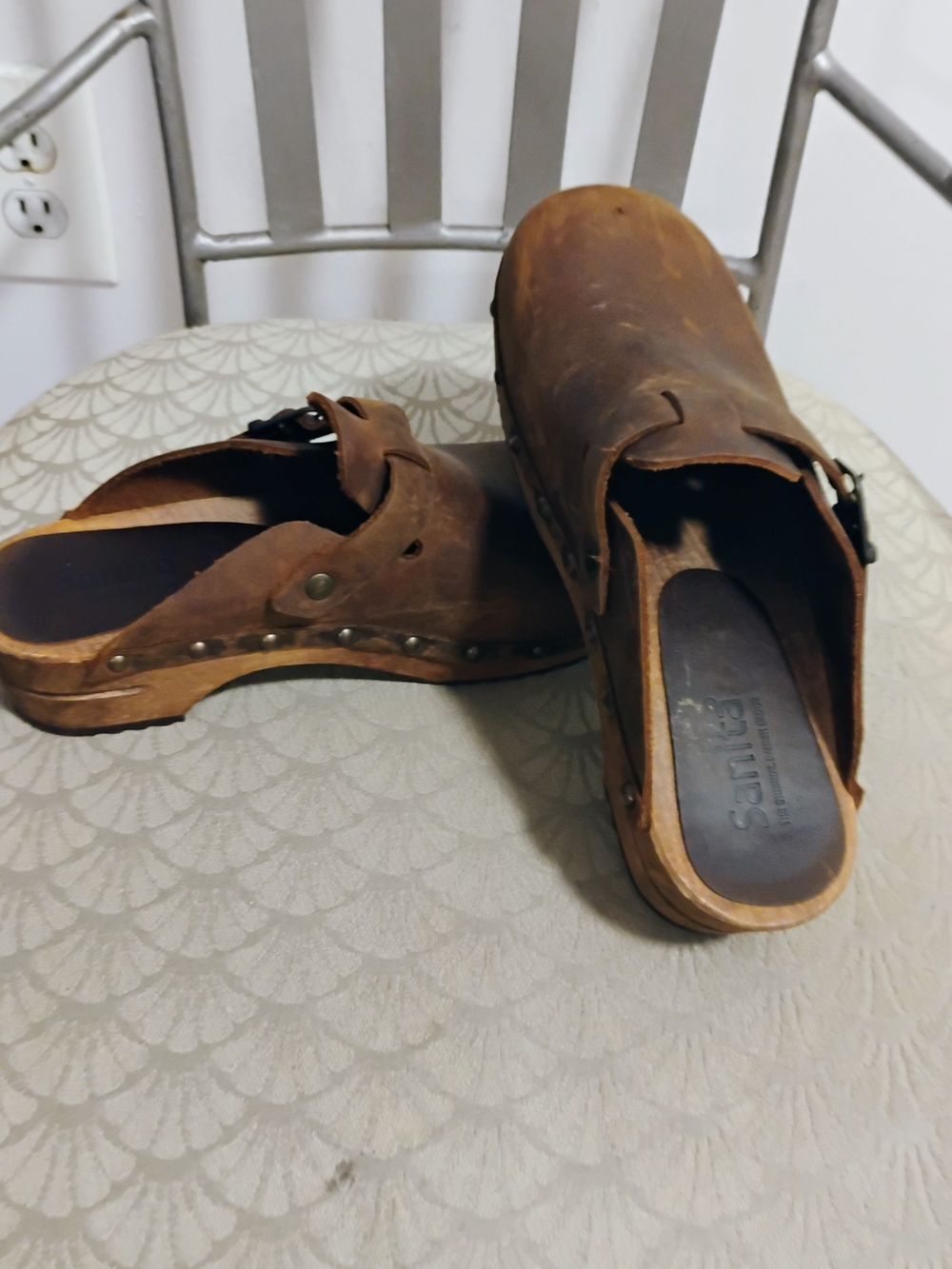 Sanita Brown Leather Women Slip-On Clogs with Stud Detail